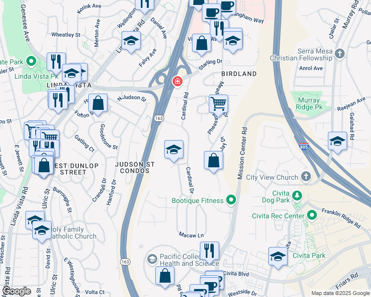 map of restaurants, bars, coffee shops, grocery stores, and more near 2350 Cardinal Drive in San Diego