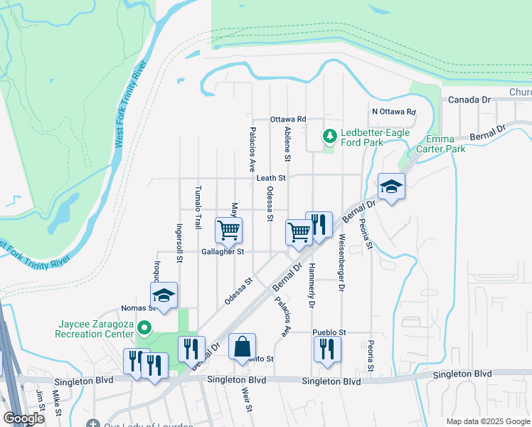 map of restaurants, bars, coffee shops, grocery stores, and more near 3623 Odessa Street in Dallas