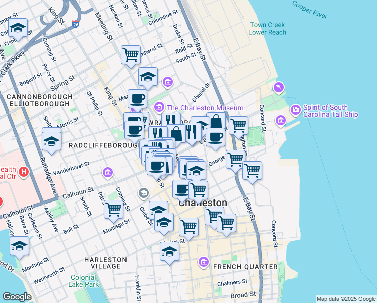 map of restaurants, bars, coffee shops, grocery stores, and more near 128 Calhoun Street in Charleston