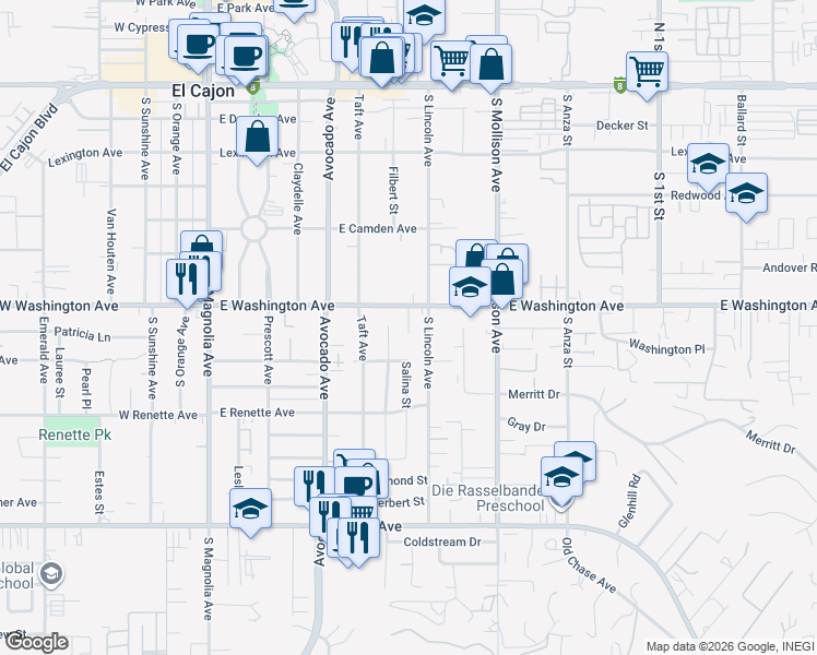 map of restaurants, bars, coffee shops, grocery stores, and more near 655 East Washington Avenue in El Cajon