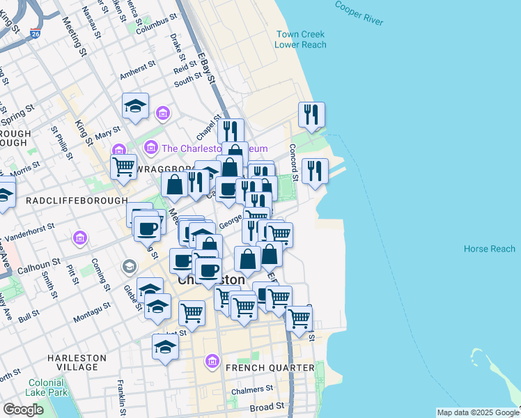 map of restaurants, bars, coffee shops, grocery stores, and more near 332 East Bay Street in Charleston