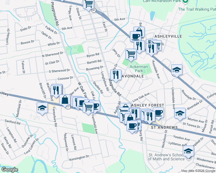 map of restaurants, bars, coffee shops, grocery stores, and more near 716 Longfellow Rd in Charleston