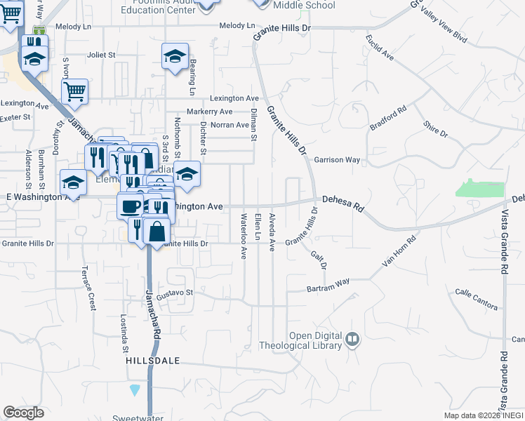 map of restaurants, bars, coffee shops, grocery stores, and more near 702 Alveda Avenue in El Cajon