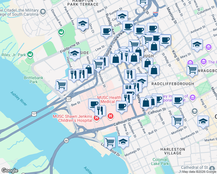 map of restaurants, bars, coffee shops, grocery stores, and more near 111 President Street in Charleston