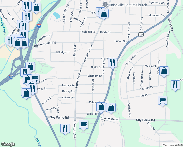 map of restaurants, bars, coffee shops, grocery stores, and more near 1027 Chatham Street in Macon