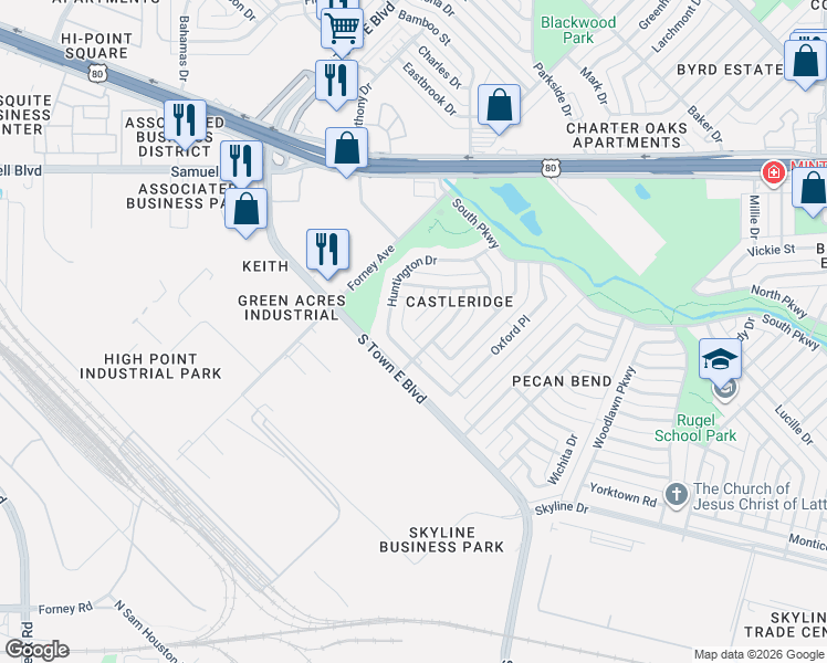map of restaurants, bars, coffee shops, grocery stores, and more near 1407 Bradford Place in Mesquite