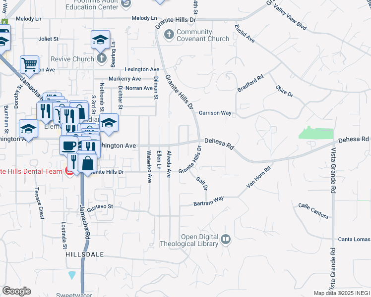 map of restaurants, bars, coffee shops, grocery stores, and more near 708 Balsam Drive in El Cajon