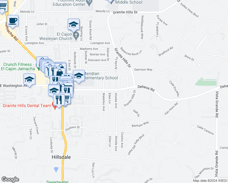 map of restaurants, bars, coffee shops, grocery stores, and more near 702 Alveda Avenue in El Cajon