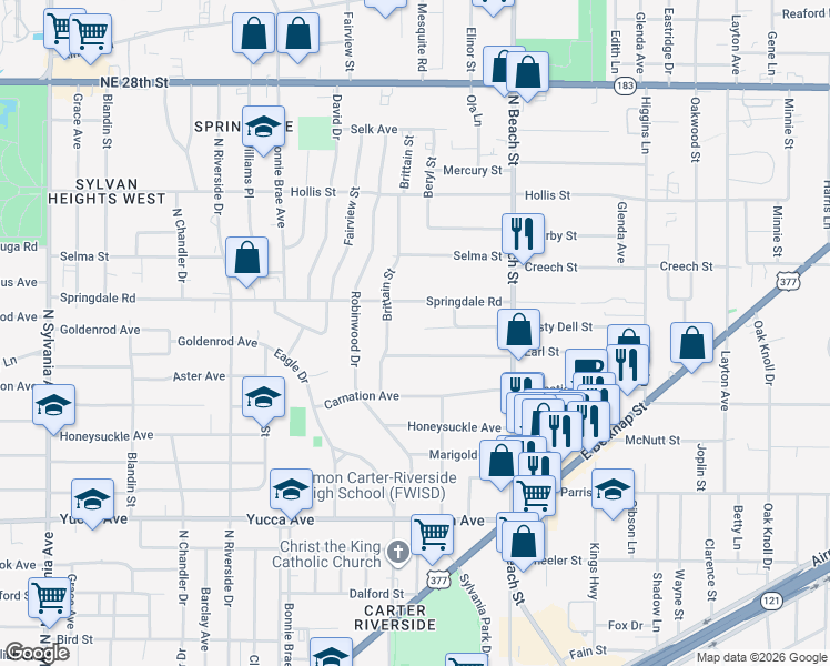 map of restaurants, bars, coffee shops, grocery stores, and more near 3712 Springdale Road in Fort Worth