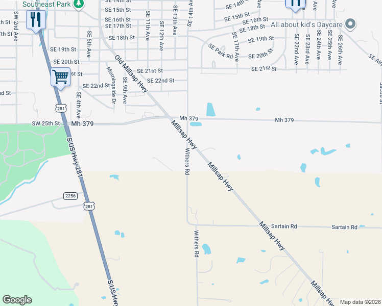 map of restaurants, bars, coffee shops, grocery stores, and more near 301 Withers Road in Mineral Wells