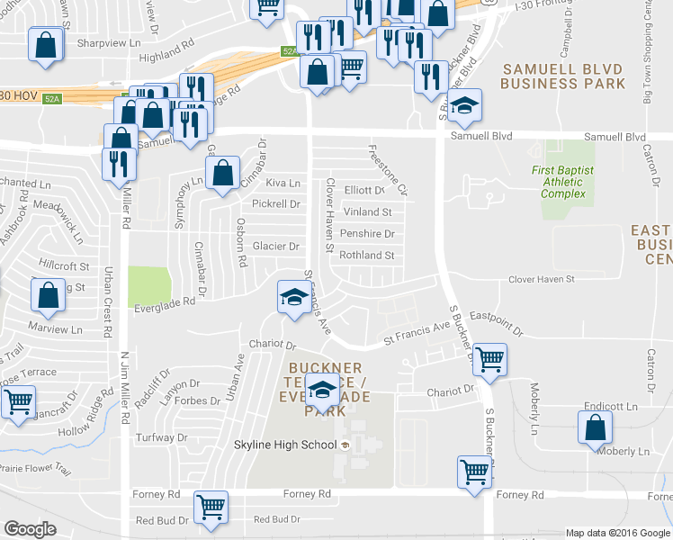 map of restaurants, bars, coffee shops, grocery stores, and more near 5108 Clover Haven Street in Dallas