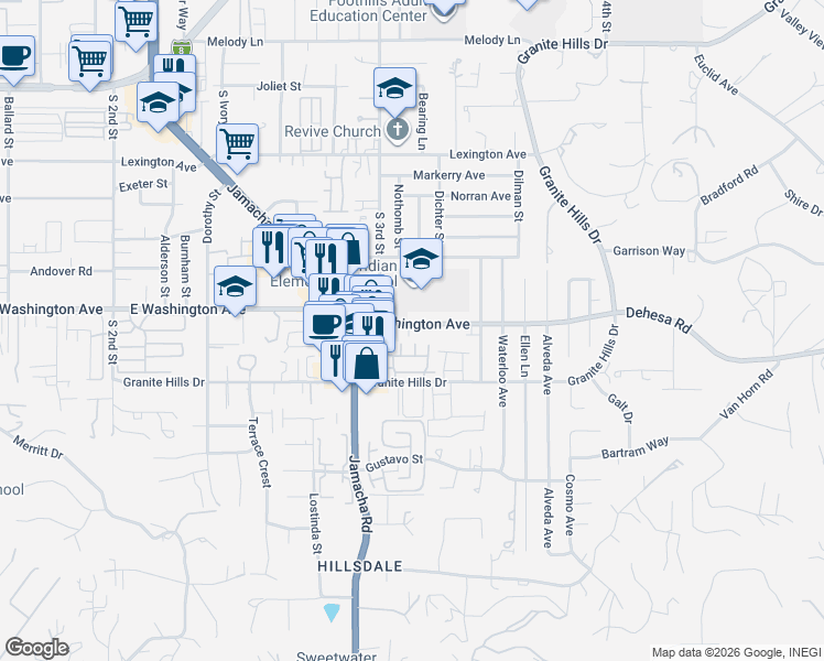 map of restaurants, bars, coffee shops, grocery stores, and more near 1545 East Washington Avenue in El Cajon