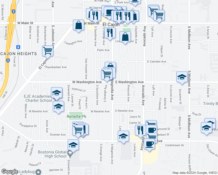 map of restaurants, bars, coffee shops, grocery stores, and more near 718 South Magnolia Avenue in El Cajon