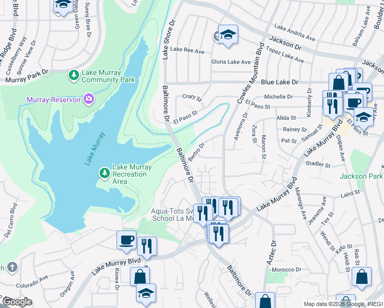 map of restaurants, bars, coffee shops, grocery stores, and more near 5884 Bertro Drive in La Mesa