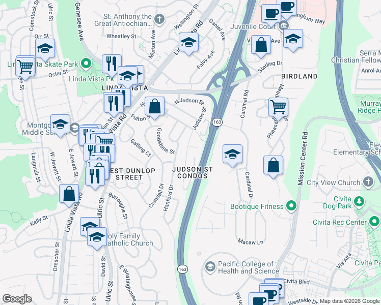 map of restaurants, bars, coffee shops, grocery stores, and more near 2371 Judson Street in San Diego