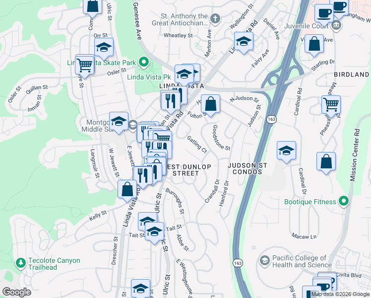map of restaurants, bars, coffee shops, grocery stores, and more near 2418 Fleetwood Street in San Diego