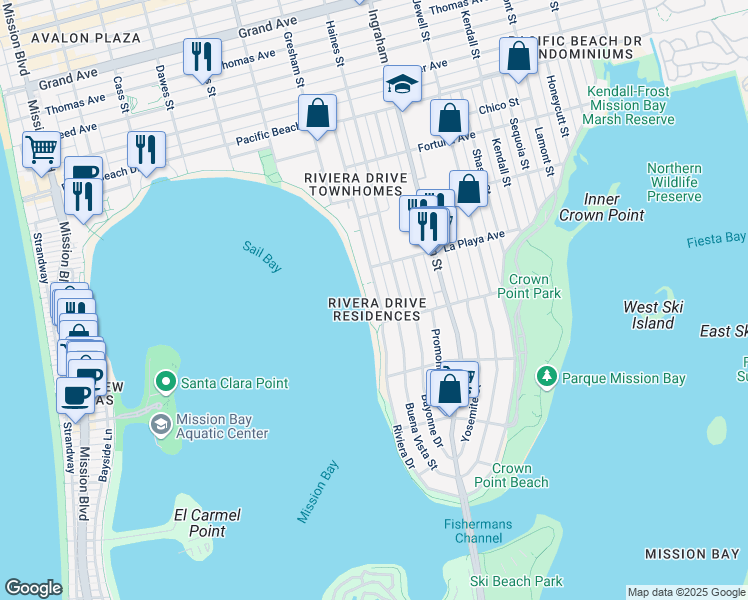map of restaurants, bars, coffee shops, grocery stores, and more near 3726 Riviera Drive in San Diego
