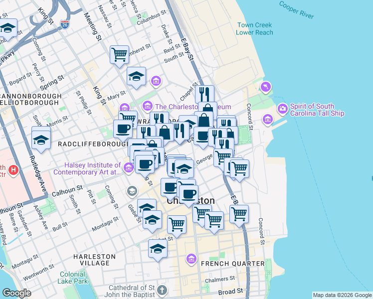 map of restaurants, bars, coffee shops, grocery stores, and more near 103 Calhoun Street in Charleston