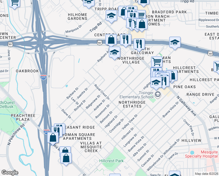 map of restaurants, bars, coffee shops, grocery stores, and more near 1520 Ridgeview Street in Mesquite