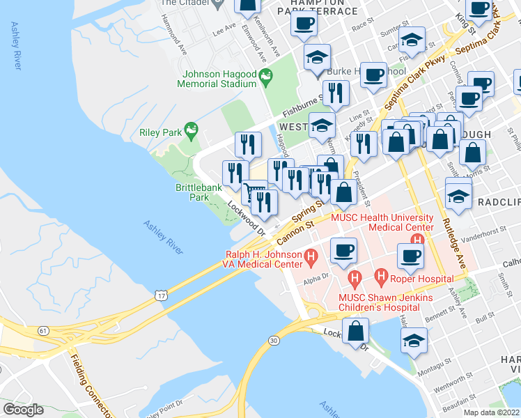 map of restaurants, bars, coffee shops, grocery stores, and more near 10 Westedge Street in Charleston