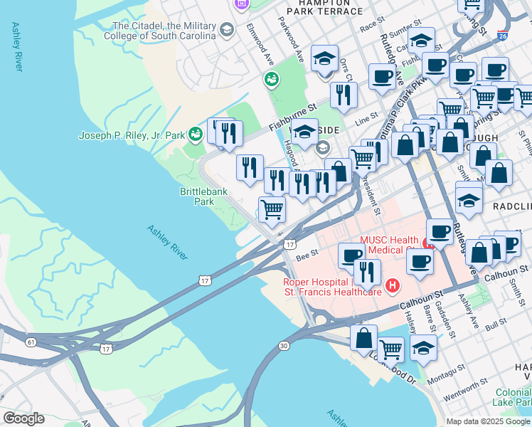 map of restaurants, bars, coffee shops, grocery stores, and more near 10 Westedge Street in Charleston