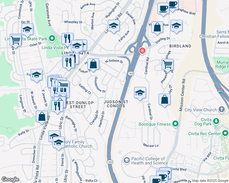 map of restaurants, bars, coffee shops, grocery stores, and more near 2371 Judson Street in San Diego