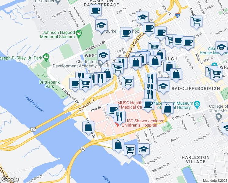 map of restaurants, bars, coffee shops, grocery stores, and more near 157 Cannon Street in Charleston