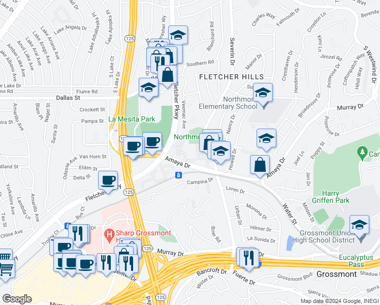 map of restaurants, bars, coffee shops, grocery stores, and more near 5606 Amaya Drive in La Mesa
