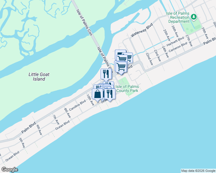 map of restaurants, bars, coffee shops, grocery stores, and more near 1100 Pavilion Drive in Isle of Palms