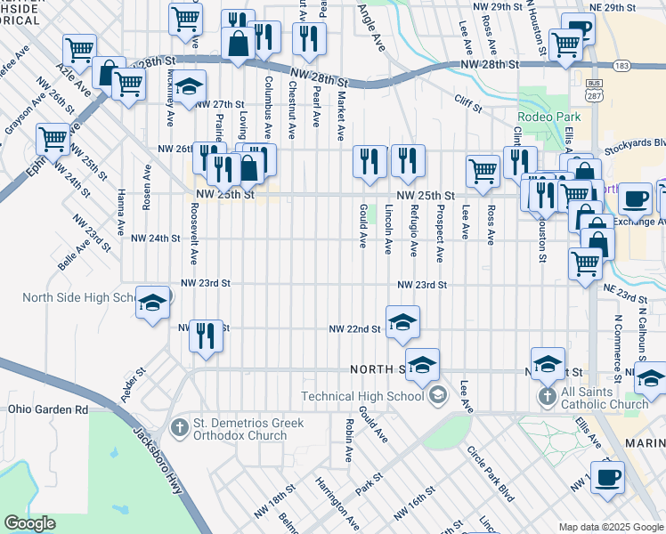 map of restaurants, bars, coffee shops, grocery stores, and more near 2309 Market Ave in Fort Worth