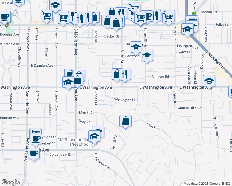map of restaurants, bars, coffee shops, grocery stores, and more near 727 Anastasia Court in El Cajon