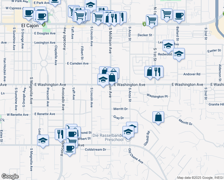 map of restaurants, bars, coffee shops, grocery stores, and more near 725 South Mollison Avenue in El Cajon