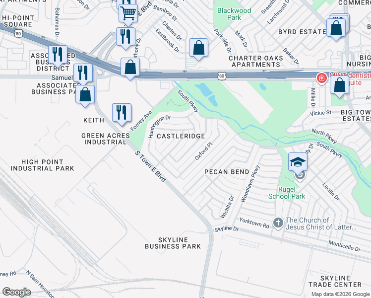 map of restaurants, bars, coffee shops, grocery stores, and more near 1517 Yorkshire Drive in Mesquite