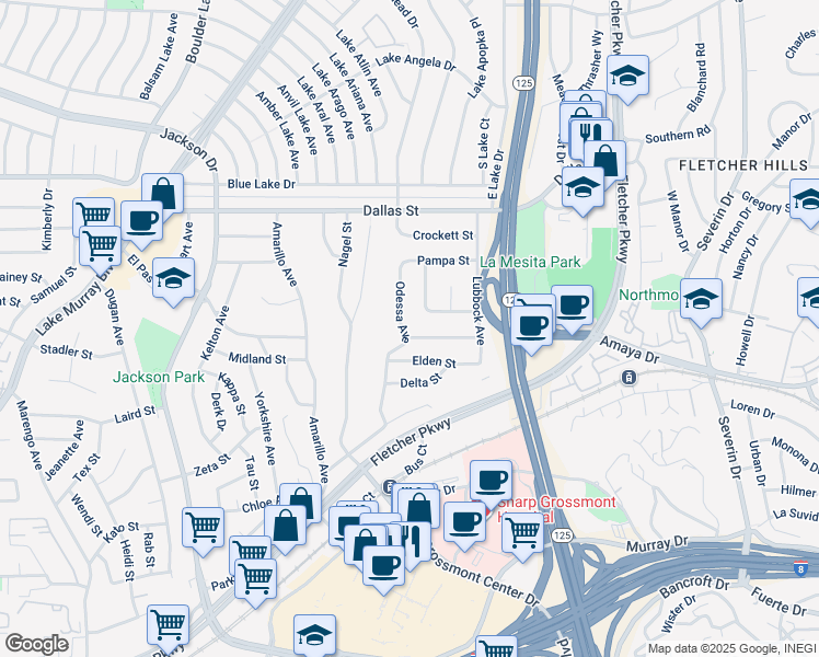 map of restaurants, bars, coffee shops, grocery stores, and more near 5955 Odessa Avenue in La Mesa