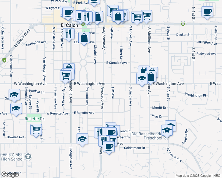 map of restaurants, bars, coffee shops, grocery stores, and more near 714 Taft Avenue in El Cajon