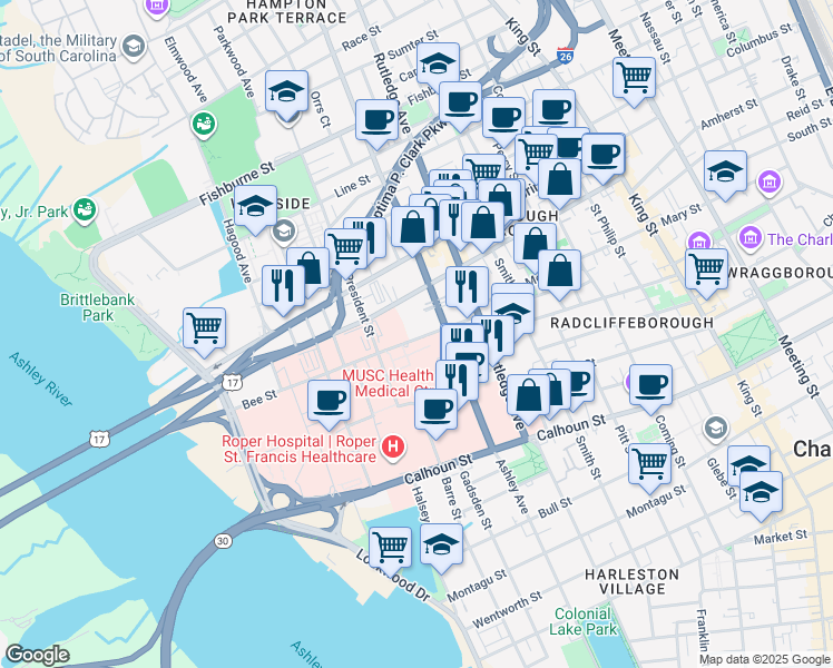 map of restaurants, bars, coffee shops, grocery stores, and more near 24 Bee Street in Charleston