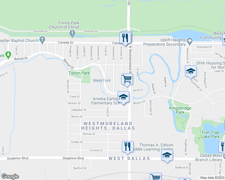 map of restaurants, bars, coffee shops, grocery stores, and more near 3401 Bernal Drive in Dallas