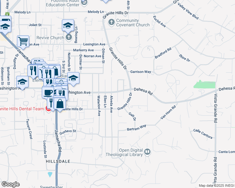 map of restaurants, bars, coffee shops, grocery stores, and more near 708 Balsam Drive in El Cajon