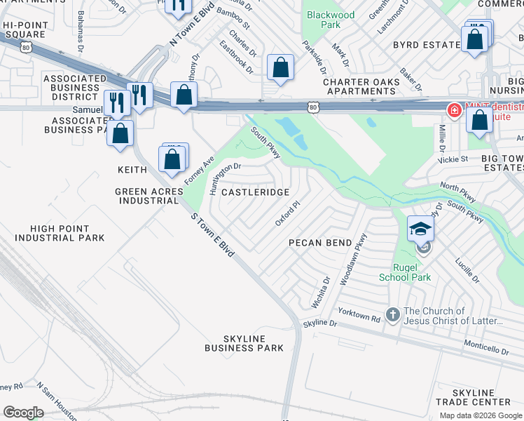 map of restaurants, bars, coffee shops, grocery stores, and more near 1517 Yorkshire Drive in Mesquite