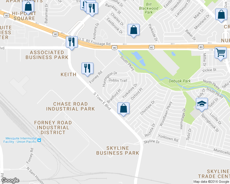 map of restaurants, bars, coffee shops, grocery stores, and more near 1407 Bradford Place in Mesquite
