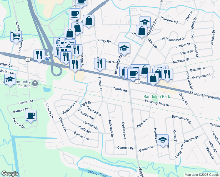 map of restaurants, bars, coffee shops, grocery stores, and more near 521 Sarah Street in Charleston