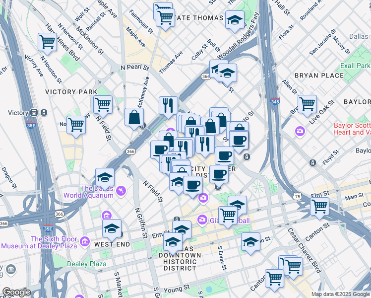 map of restaurants, bars, coffee shops, grocery stores, and more near 1701 North Harwood Street in Dallas