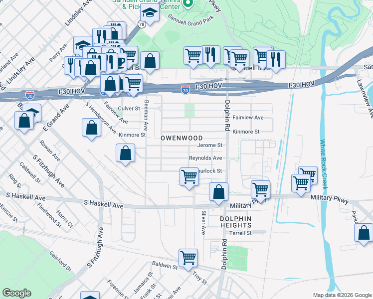 map of restaurants, bars, coffee shops, grocery stores, and more near 3122 Jerome St in Dallas