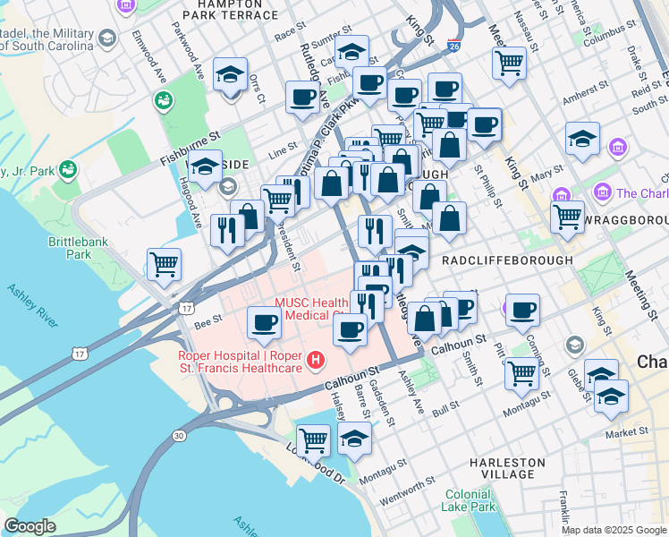 map of restaurants, bars, coffee shops, grocery stores, and more near 24 Bee Street in Charleston