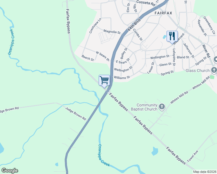 map of restaurants, bars, coffee shops, grocery stores, and more near 4510-4728 Fairfax Bypass in Valley
