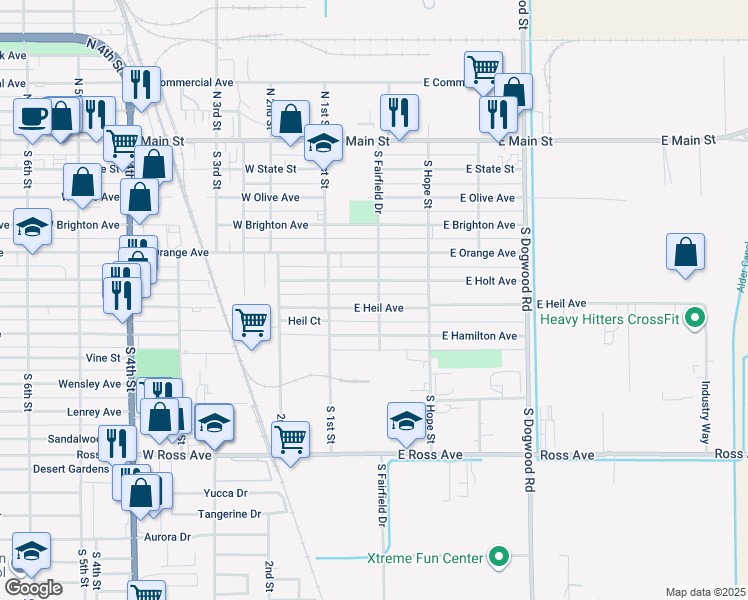 map of restaurants, bars, coffee shops, grocery stores, and more near 184 East Heil Avenue in El Centro