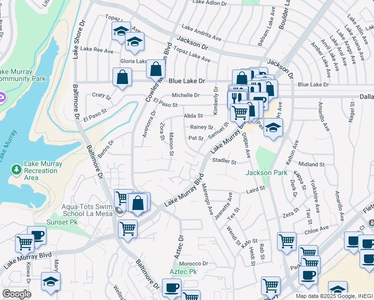 map of restaurants, bars, coffee shops, grocery stores, and more near 5950 Bob Street in La Mesa
