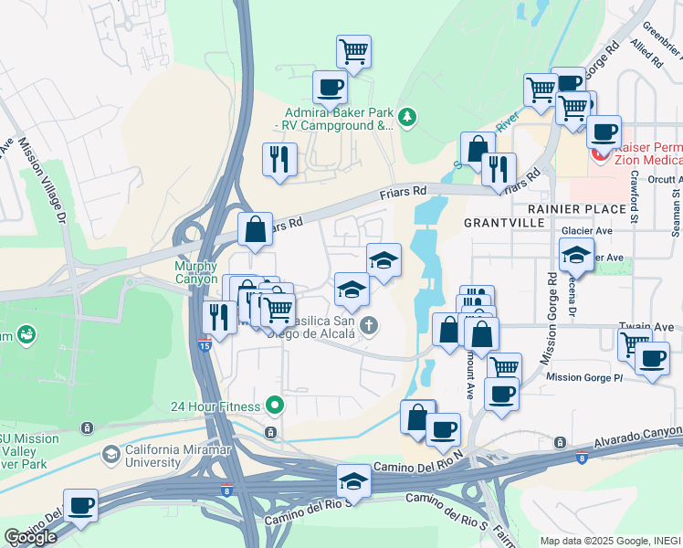 map of restaurants, bars, coffee shops, grocery stores, and more near 6255 Rancho Mission Road in San Diego