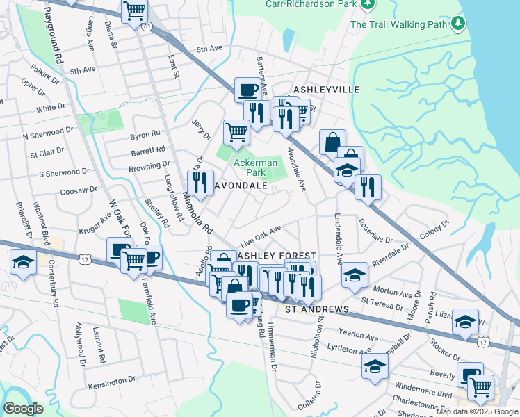 map of restaurants, bars, coffee shops, grocery stores, and more near Bear Avenue in Charleston