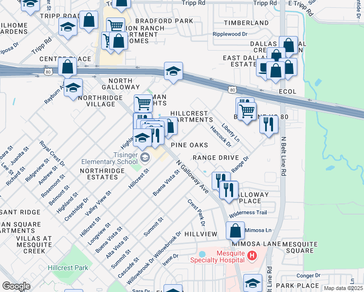 map of restaurants, bars, coffee shops, grocery stores, and more near 1732 North Galloway Avenue in Mesquite
